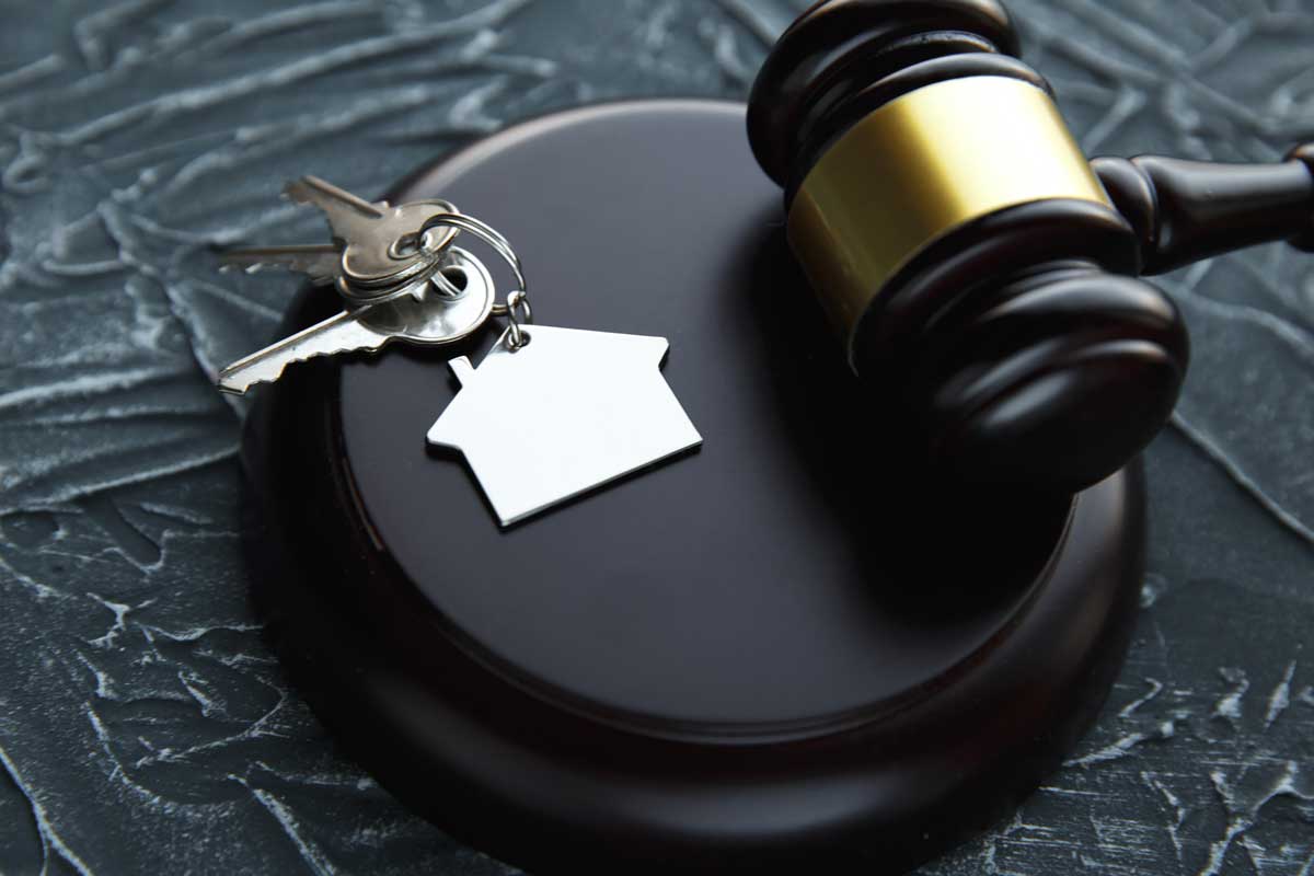 Gavel wooden and house for home buying or selling of bidding or lawyer of home real estate